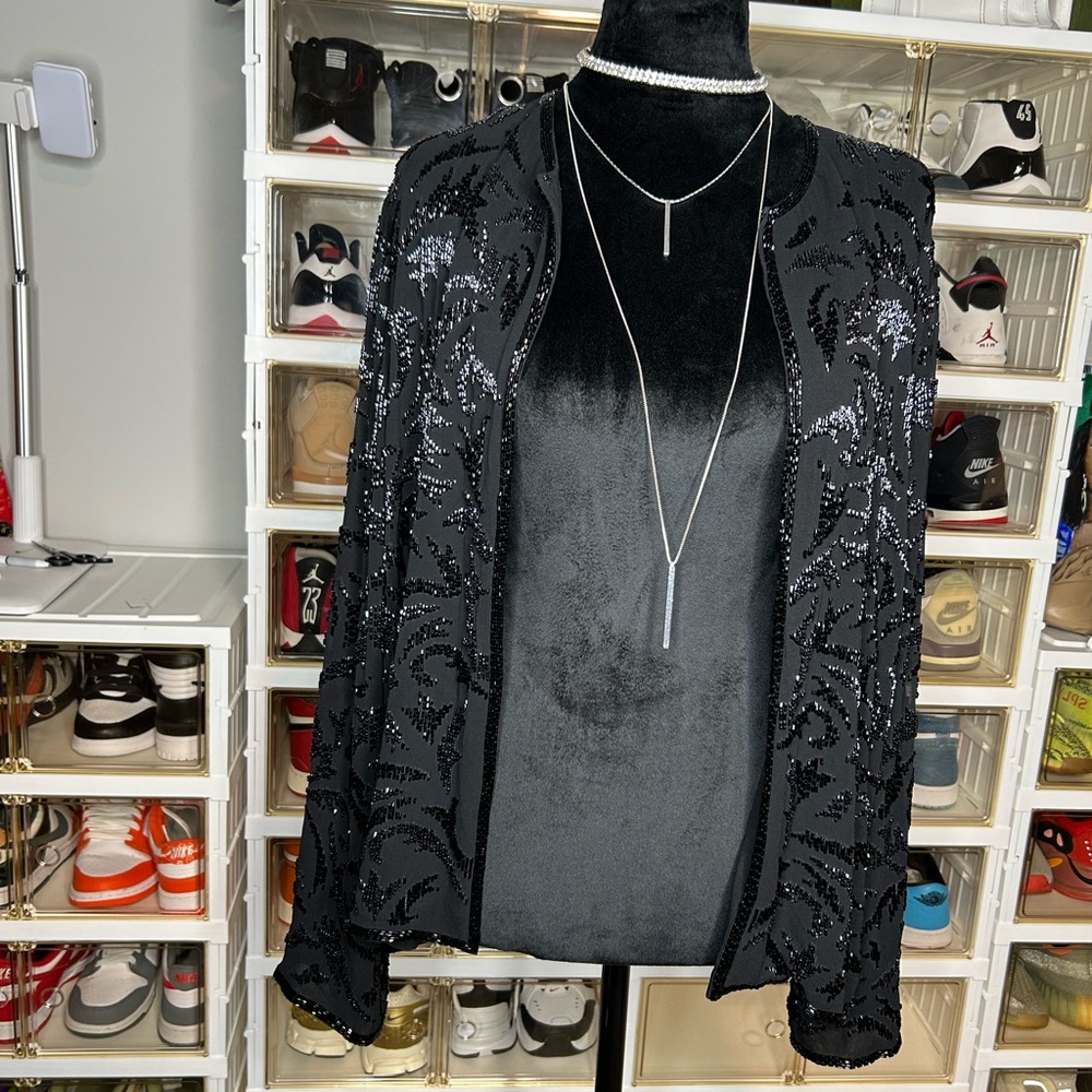Doncaster‎ Silk Black Beaded vintage cardigan Jacket Size 14 - Picture 5 of 11